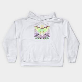 Nighttime Moth - Luna Moth with Purple Daturas on Indigo Kids Hoodie